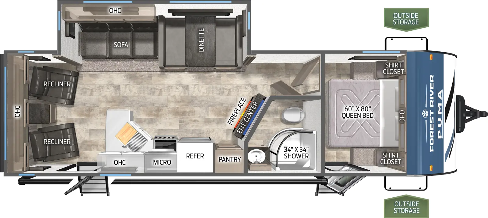 The Puma 27RLSS floorplan has two entries and one slide out. Exterior features include: metal exterior and 21' awning. Interiors features include: front bedroom and rear living.